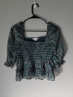 American Eagle Sparkly Peasant Top Square Neck Women's Small Floral Sheer Ribbed